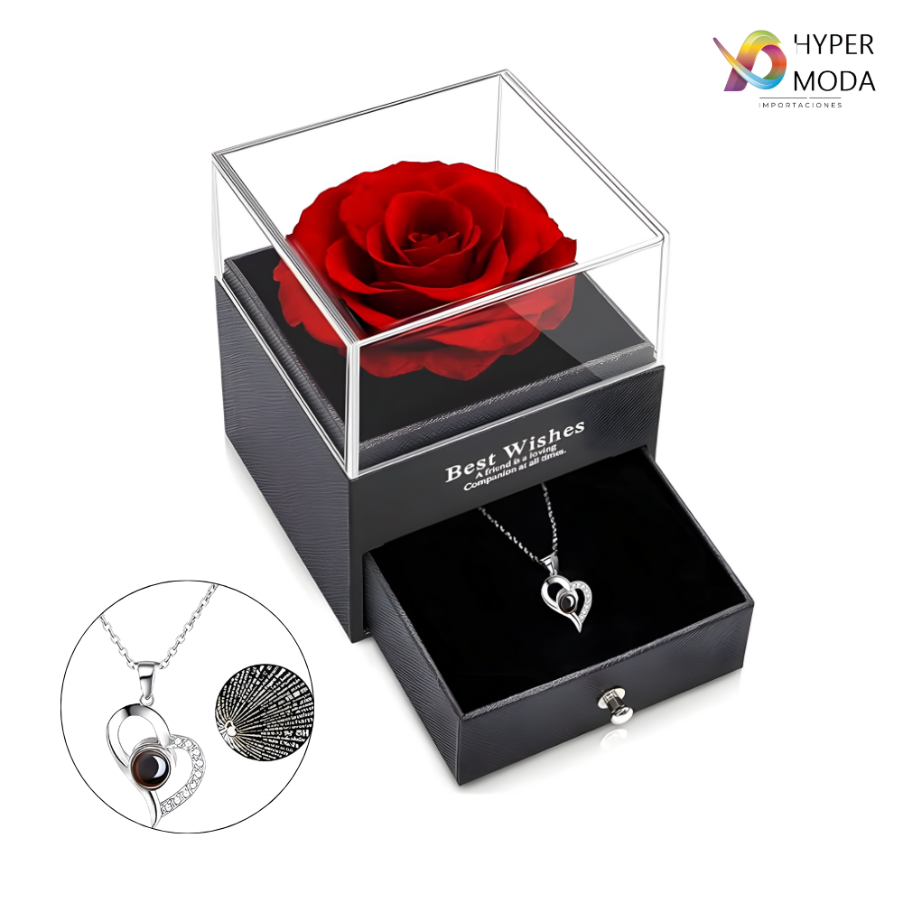Rosa eterna roja en joyero negro con cajón y collar de corazón
