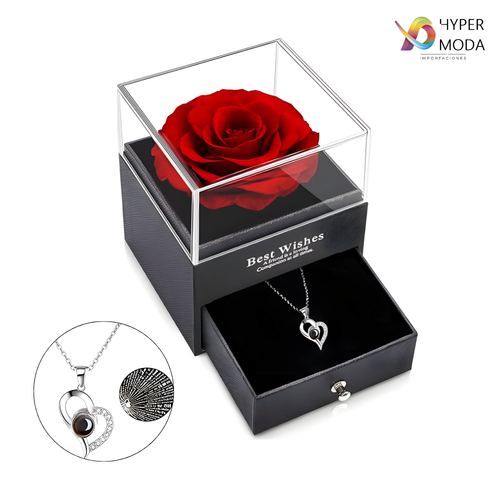 Rosa eterna roja en joyero negro con cajón y collar de corazón