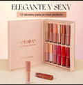 Estuche con set de 12 labiales líquidos mate en tonos nude, rosa y rojo