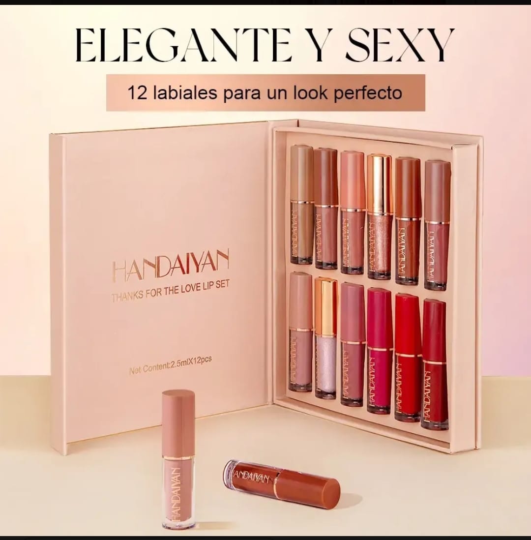 Estuche con set de 12 labiales líquidos mate en tonos nude, rosa y rojo
