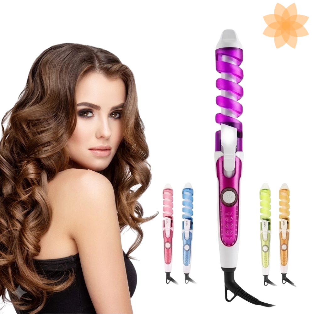 Rizador de cabello en espiral rosa junto a mujer con rizos definidos